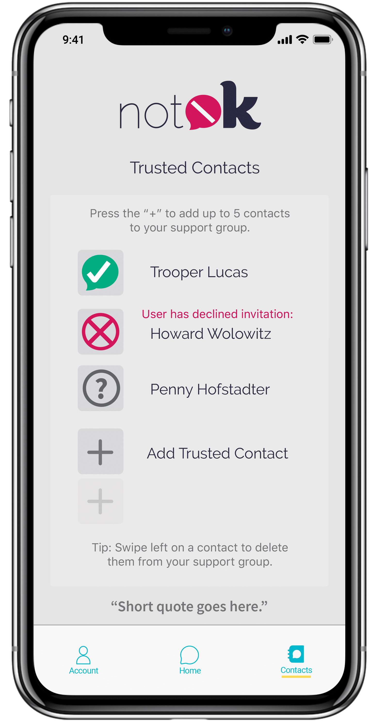 notOK Contacts Screen